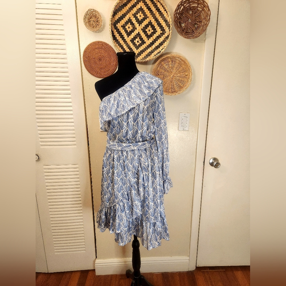 LAST ONE! White and Blue One Sleeve Ruffle Mini Dress With Wrap - Picture 10 of 13